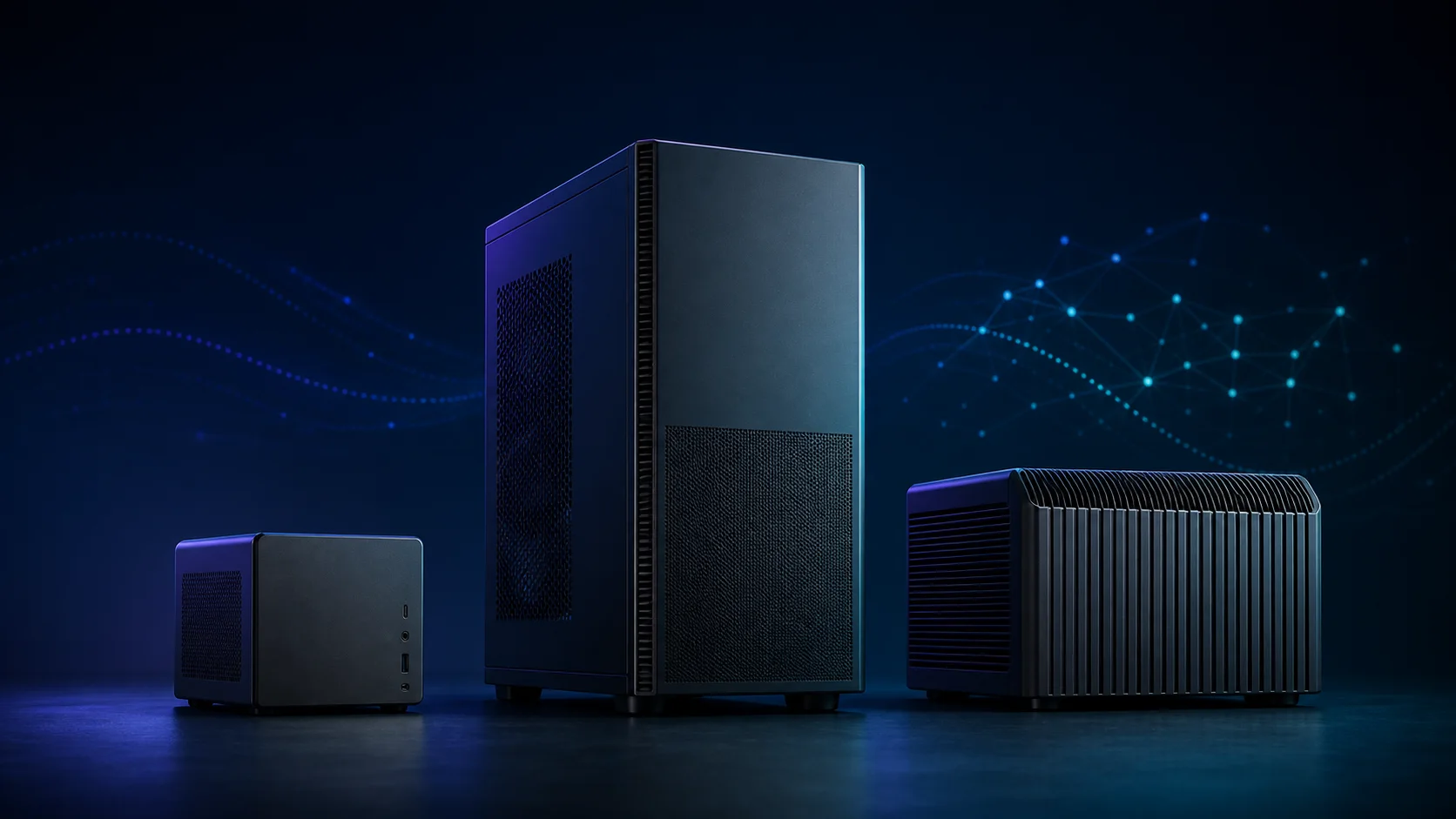 Markenfreie Darstellung eines Mini-PCs, eines großen GPU-Towers und einer kompakten KI-Appliance